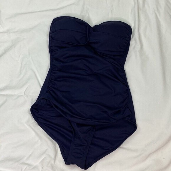 Anne Cole Strapless Navy Blue Shirred Bandeau One Piece Swimsuit Size 12 - Picture 2 of 3